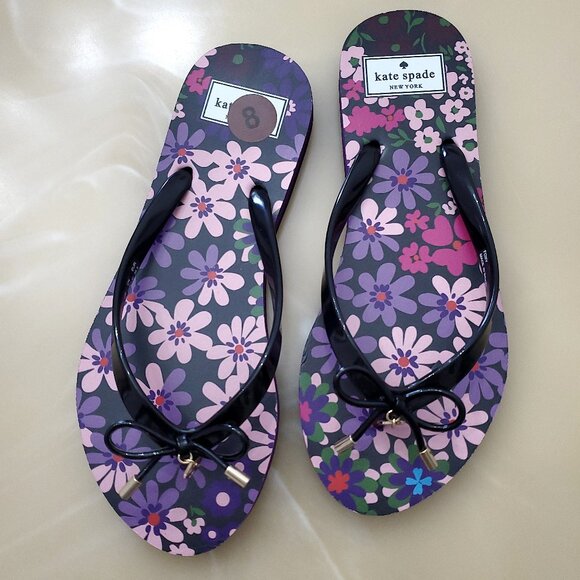 Kate Spade Foxy Dark Floral Bow Women's Flip Flop Thong Sandal Size 8 - Picture 1 of 8